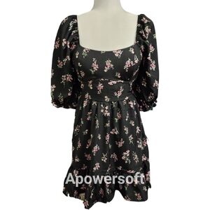 Inspired Hearts Black Floral Ruffled Sundress w Puff Sleeves and Square Neckline